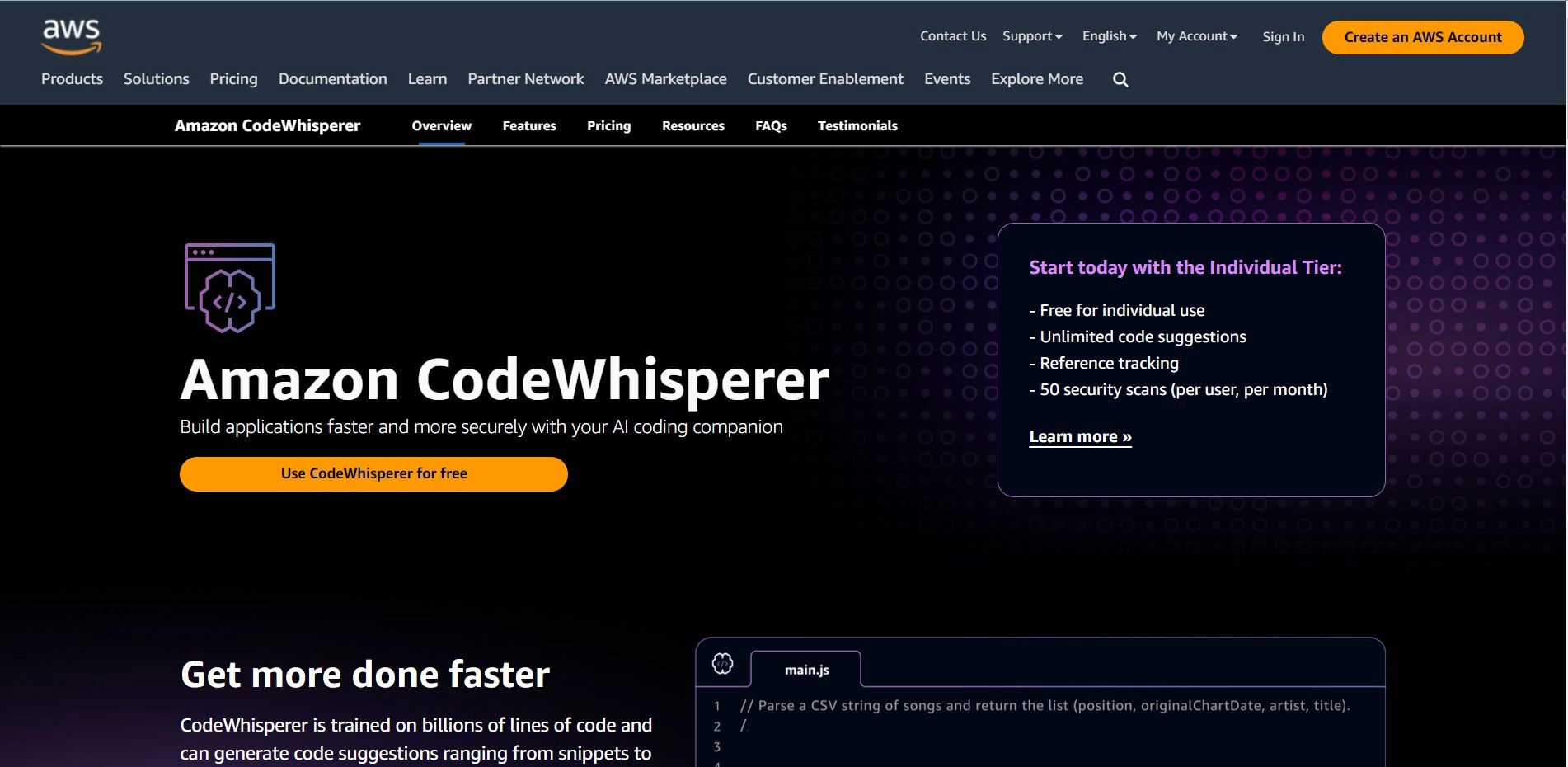 12个AI编程助手推荐,智能编写和生成补全代码!(图2) CodeWhisperer (AWS).webp