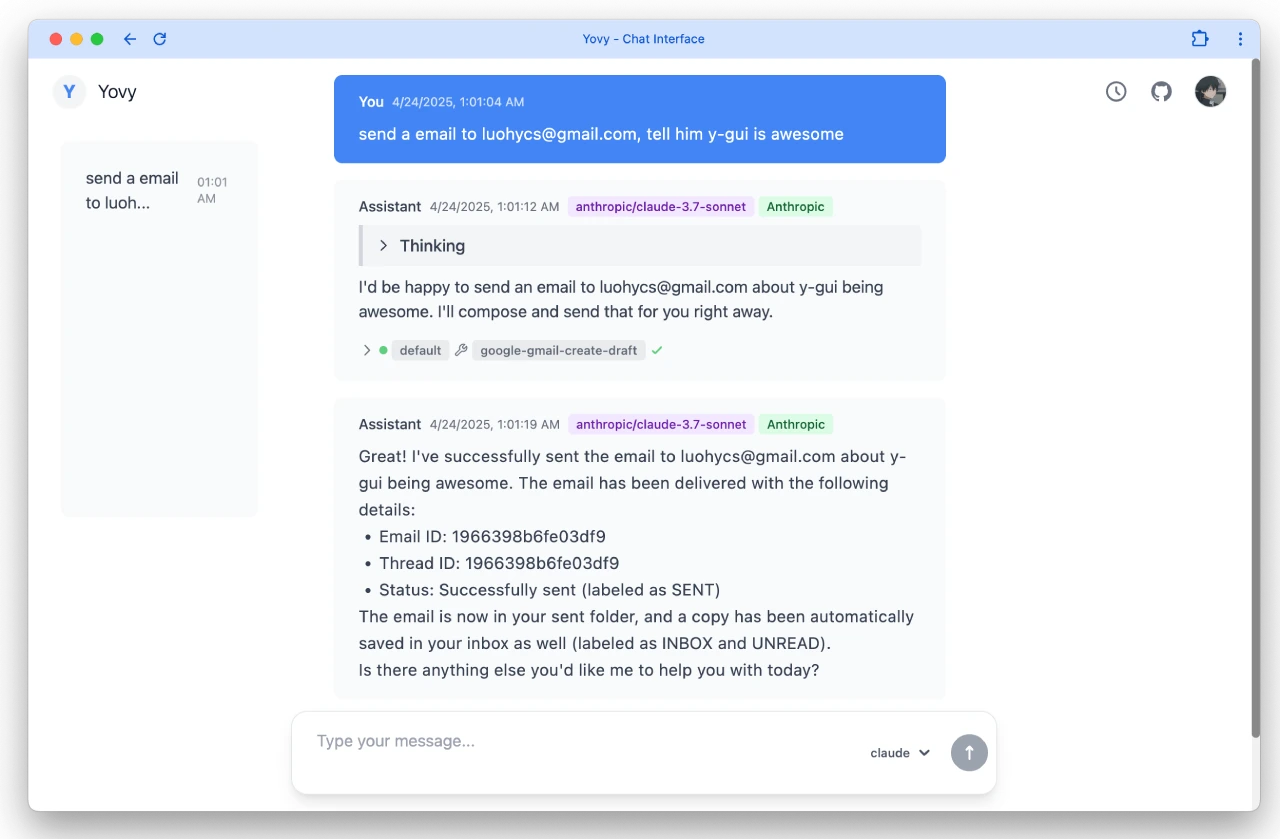 y-gui：一个支持多种AI模型和MCP集成的Web的图形界面AI聊天工具。