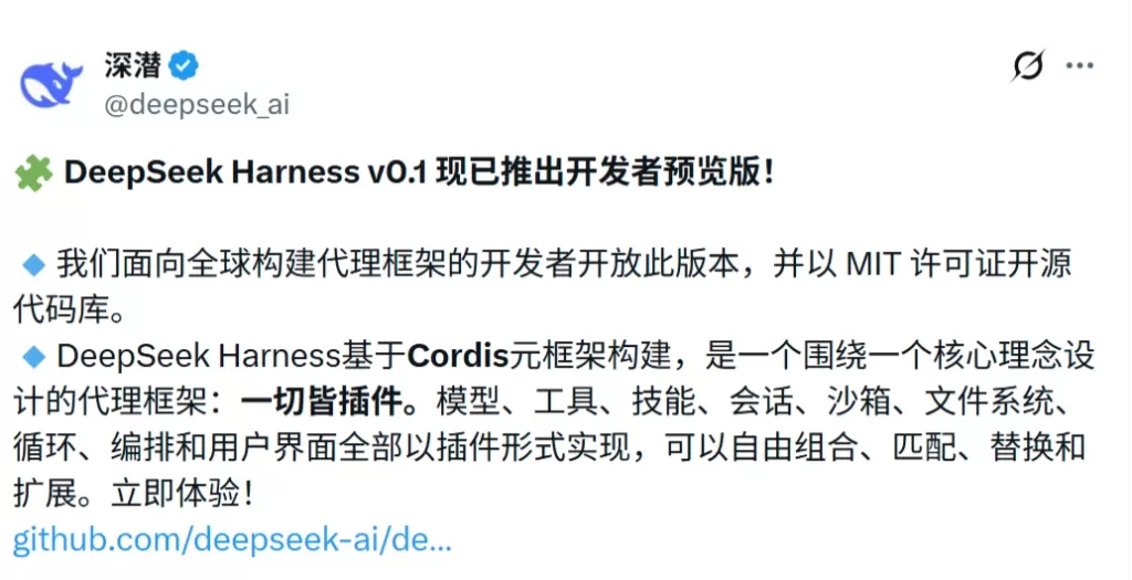 DeepSeek已发布Harness v0.1开发者预览版